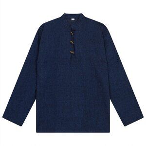 Men Hippie Shirt Collarless Plain Cotton LongSleeve button boho Top cotton